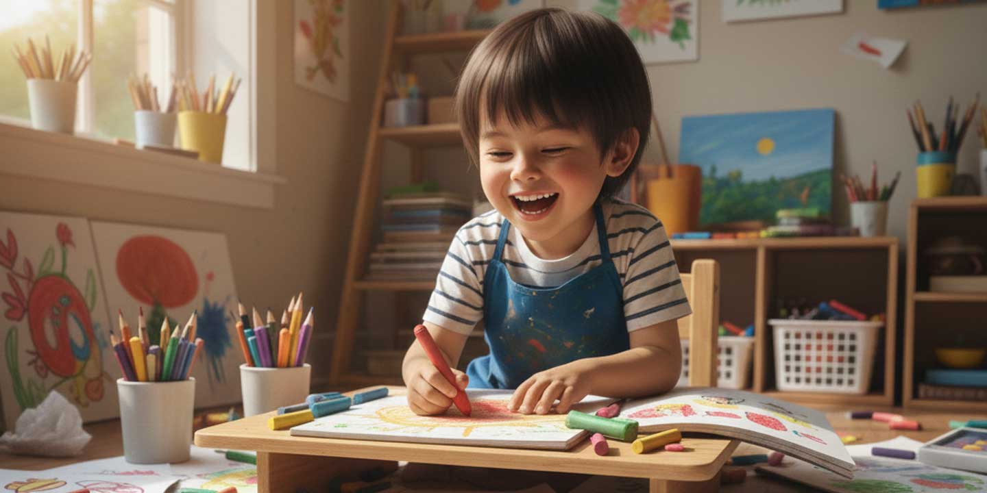 Anak sedang mewarnai dengan ekspresi senang